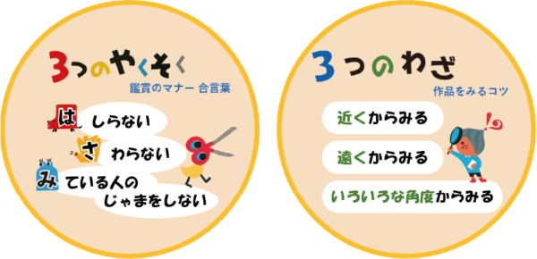 ３つの約束と３つのわざの画像
３つの約束 鑑賞のマナー
はしらない、さわらない、見ている人のじゃまをしない
３つのわざ
近くから見る、遠くから見る、いろいろな角度からみる