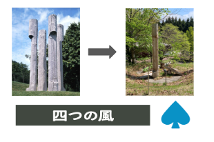 これは《四つの風》という彫刻の写真です。左は4本の柱があり、右には1本の柱になり、他の3本の柱は倒れて地面にあります。水色のスペードがあります。
