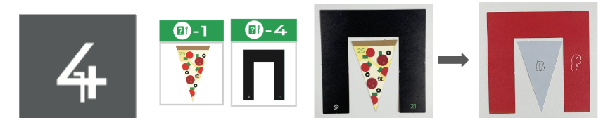 大きな4の中に小さな１があります。
Q1の三角形のパーツ、
Q4の門の形をしたパーツがあります。
４のカタカナのコの中に、ぎゃくさんかくを入れてみよう。すると、《い・くうかん》のオブジェに見えます。
