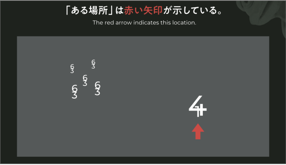 これはファイナルミッションシートの画像です。
図の左側には、数字の「6」があり、その6の真下にくっつくように数字の「3」も書かれています。数字の「6」と「3」がくっついたものは全部で5個書かれており、それぞれ大きさがバラバラです。

また、図の右側には、数字の「4」と「1」が重なって書かれており、その真下には赤色の矢印が書かれています。

この赤色の矢印が示すものが、この謎の答えとなります。
