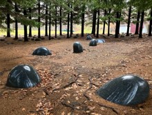 《北斗まんだら》の中心部の写真で。御影石が並んでいます。後ろには赤えぞ松が並んでいるのが見えます。
